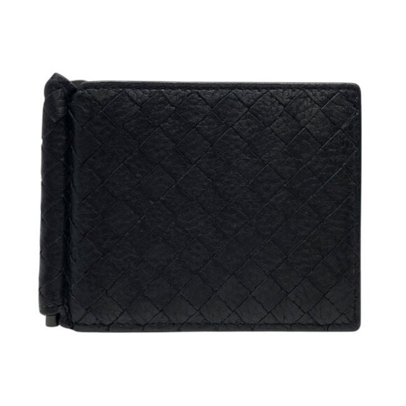 Men Bottega Veneta Intrecciato Bill Clip Wallet Money Clip Card Case Black